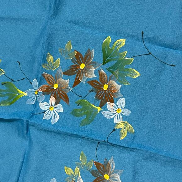 Vintage Blue Floral Polyester Scarf Hand-Painted, Made in Italy - Picture 5 of 9